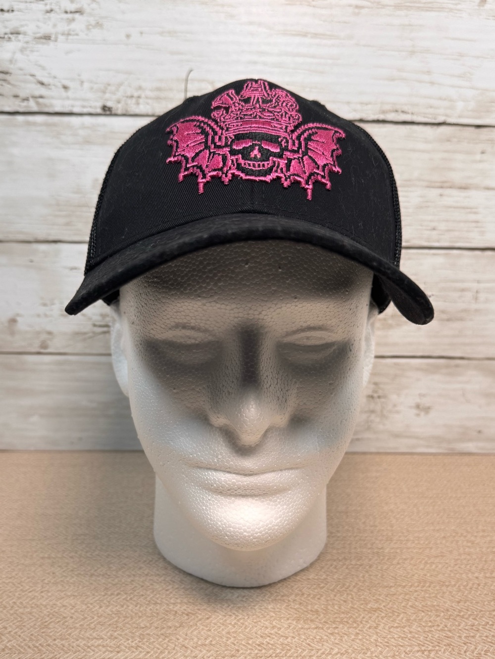 Corporate Thread Trucker Cap Black Hot Pink Skull Bat Wings Snapback Mesh